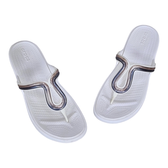 Crocs Womens Sanrah White MetalBlock Casual Slip On Thong Sandals Size 10 - Picture 1 of 12